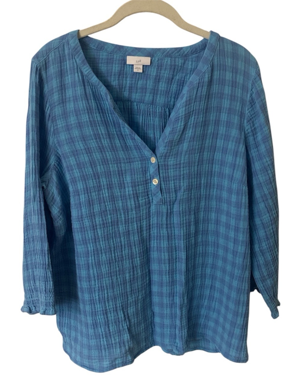 J. Jill Light Blue Plaid V-Neck Blouse